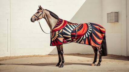 Geometric Horse Rug Beige Horse in Stable, Colorful Abstract Pattern, Equestrian Photography, Horse Photography. Horse Blanket, Equestrian Fashion