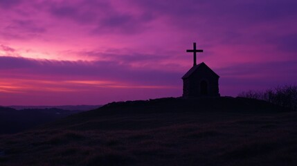 Fototapeta premium Sunset Silhouette Of A Small Chapel With Cross