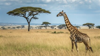 Fototapeta premium Giraffe in African Savanna Landscape Photography, Single Subject Composition, Golden Hour Light African Wildlife, Savanna Landscape