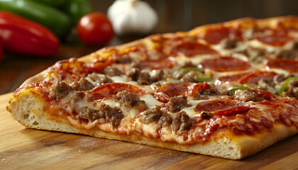 Delicious supreme pizza slice kitchen counter real photography cozy home close-up culinary delight