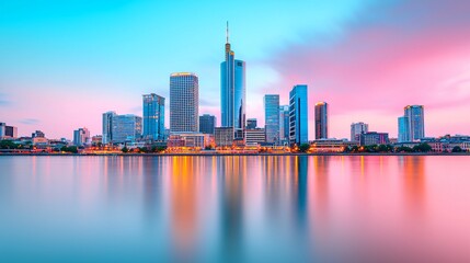 Fototapeta premium Stunning city skyline at sunset, reflected in calm water.