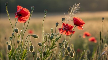 Golden Hour Poppy Field Close-up Composition of Red Poppies, Soft Focus Background, Nature Photography, Poppy Flowers, Wildflowers Poppy, Wildflower