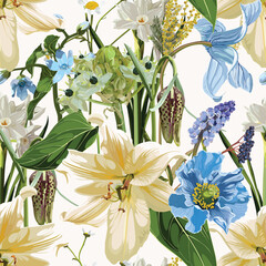 Seamless Pattern. Garden flowers. Magical lily, daisy, blue poppy flowers. Realistic vector image. Print for all types of surfaces. Trendy print.