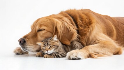 Golden Retriever and Cat Cuddle Peaceful Composition, White Background, Inter-species Friendship, Pet Photography Pet Photography, Animal Friendship
