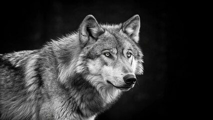 Gray Wolf Portrait Monochrome Composition, Close-up, Wild Animal Concept, Black Background wildlife photography, canid