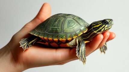 Obraz premium Close-Up of a Turtle Resting on a Hand Against a Neutral Background