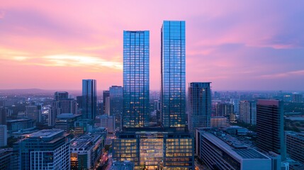 Fototapeta premium Stunning sunset cityscape with modern skyscrapers and city lights.