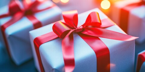 Festive gifts with red ribbons, bokeh background. Holiday celebration image