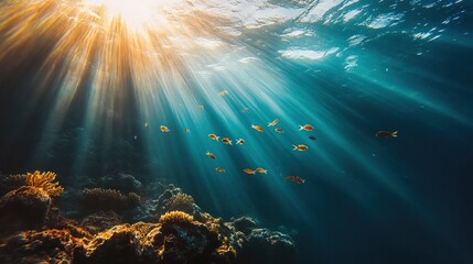 Fototapeta premium underwater seascape showcasing a vibrant coral reef teeming with diverse marine life as captivating sunbeams pierce through the crystal clear waters creating a mesmerizing and serene natural wonder