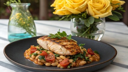 Grilled Fish with White Beans and Tomatoes Food Photography, Close-up Composition, Delicious Dish, Restaurant Meal Food Photography, Culinary Photography