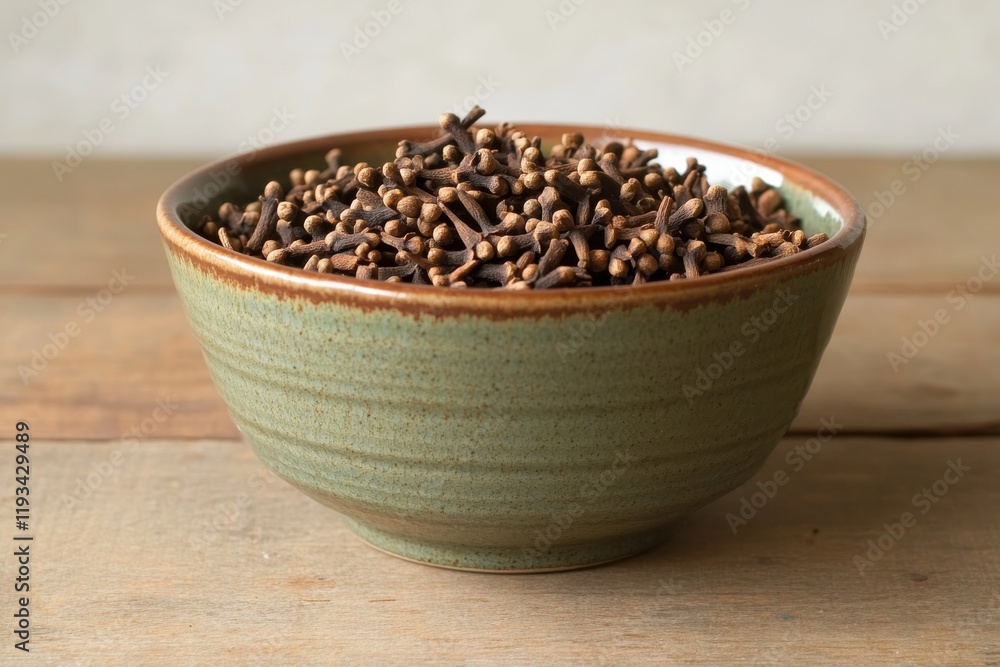 Poster rustic ceramic bowl filled with scattered cloves and spices on a wooden table surrounded by soft dif