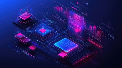 Obraz premium A floating 3D holographic computer interface displaying advanced analytics and futuristic designs