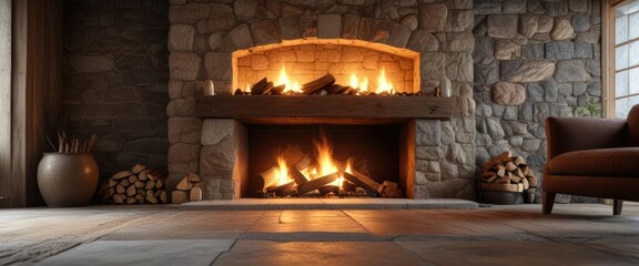 A warm fire in a large stone fireplace with a wooden mantel, wood, cozy, mantel