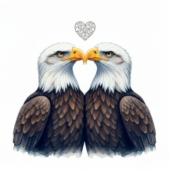 Obraz premium Two Eagles Heart Love - Majestic bald eagles, heads touching, forming a heart shape, symbolize love, unity, freedom, and strength. A delicate heart above adds a romantic touch.