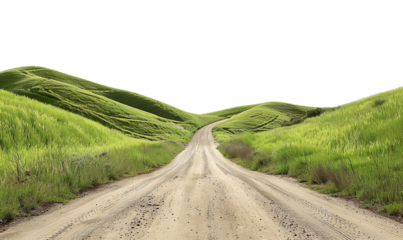Dirt road among the green hills on a transparent background