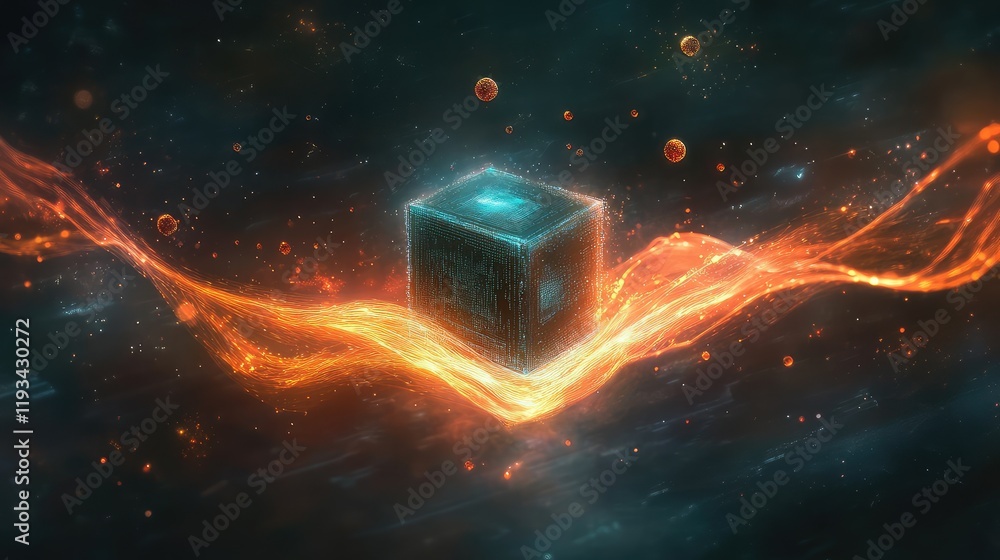 Aufkleber a floating quantum chip surrounded by glowing energy waves and digital particles in a dark space