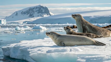 Naklejka premium Leopard Seals Resting on Antarctic Ice Floe Three seals, composition, snowy landscape, wildlife photography, Antarctica Antarctica, Leopard Seal