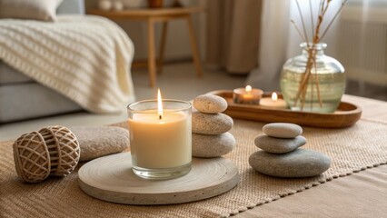 Lit Candle with Stacked Stones on Wooden Tray, Cozy Home Decor, Relaxing Atmosphere. candle, zen