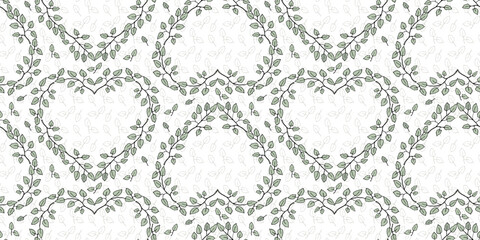 Floral heart frame with leaves seamless pattern for wrapping paper, textile design, scrapbook, wedding or Valentines day template