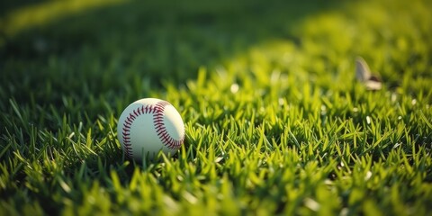 A single baseball rests gently in the vibrant green grass, bathed in the warm glow of sunlight.