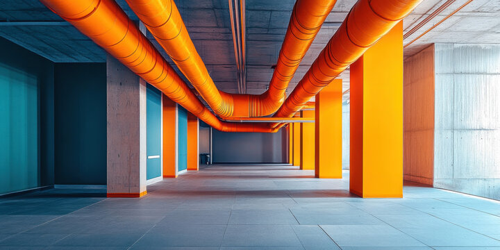 A spacious industrial area features vivid orange pipes running along the ceiling and concrete pillars supporting the structure. The modern architecture showcases a unique design.