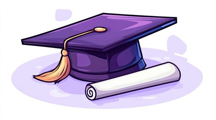 Graduation Cap and Diploma: A cheerful illustration of a purple graduation cap and a rolled diploma, symbolizing academic achievement and the pursuit of knowledge.  