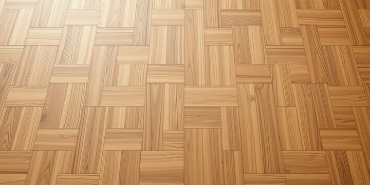 High-resolution image of a light brown wood parquet floor with a complex geometric pattern of rectangular planks