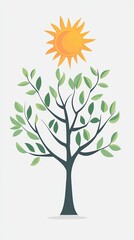Fototapeta premium Sunlit Sapling: A vibrant illustration of a young tree reaching towards a bright sun, symbolizing growth, hope, and the power of nature. 
