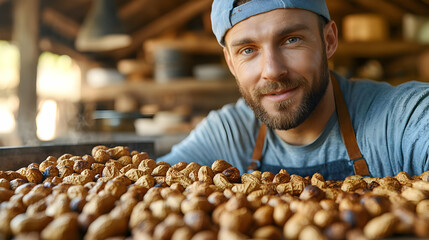 Portrait of a smiling male farmer harvesting peanuts in a rural setting