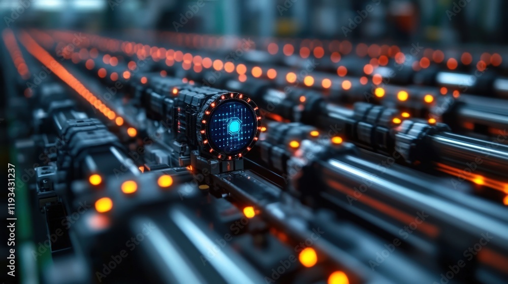Poster futuristic industrial scene featuring advanced technology with led lights and connected cylinders in