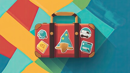 Travel Essentials: A vibrant red suitcase adorned with colorful stickers, including a whimsical wizard's hat, signifies the excitement and preparation for an adventure.