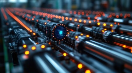 Futuristic Industrial Scene Featuring Advanced Technology with LED Lights and Connected Cylinders in a High-Tech Production Line Setting