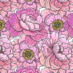 Peonies seamless background illustration. Peony seamless pattern. Floral background with pink peonies. Spring Botanical Background for wallpapers, wall arts. wedding, wrapping paper, greeting cards