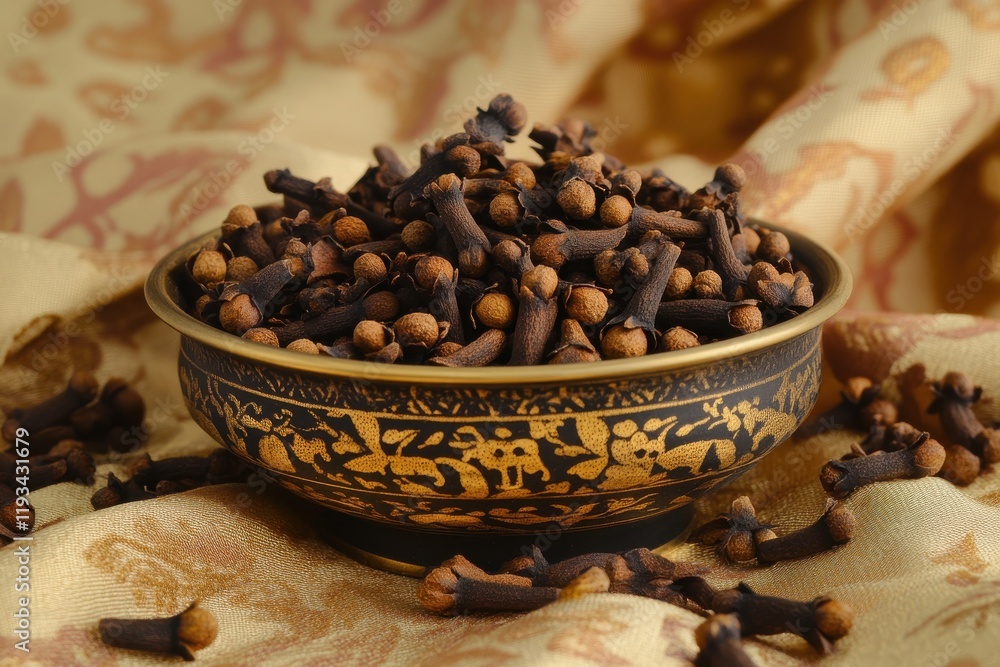 Poster a close-up view of cloves sprinkled around a decorative bowl surrounded by a soft textured fabric ba