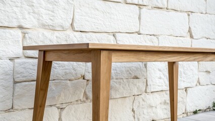 Modern Oak Console Table Minimalist Design Against Stone Wall, Wood Grain Detail, Rectangle Shape Console table, Oak wood