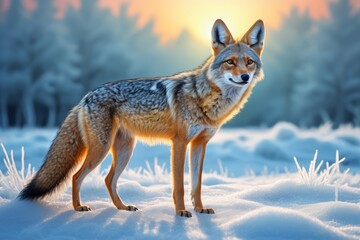 Naklejka premium arafed wolf standing in the snow with the sun setting behind it