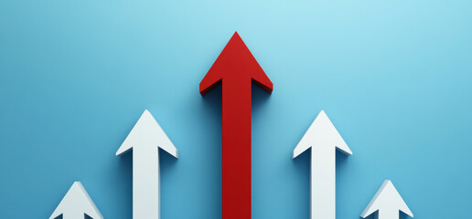 A striking red arrow is prominently placed among several white arrows all directed upwards against a calming blue backdrop, symbolizing growth and progress.