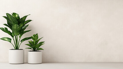 Green indoor plant in a pot against a minimalist wall background. Scandinavian minimalist home interior design, Copy space