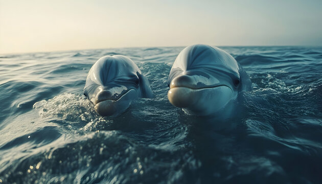 dolphins, a pair of marine animals close-up, fish head above the water. Friendly freshwater
