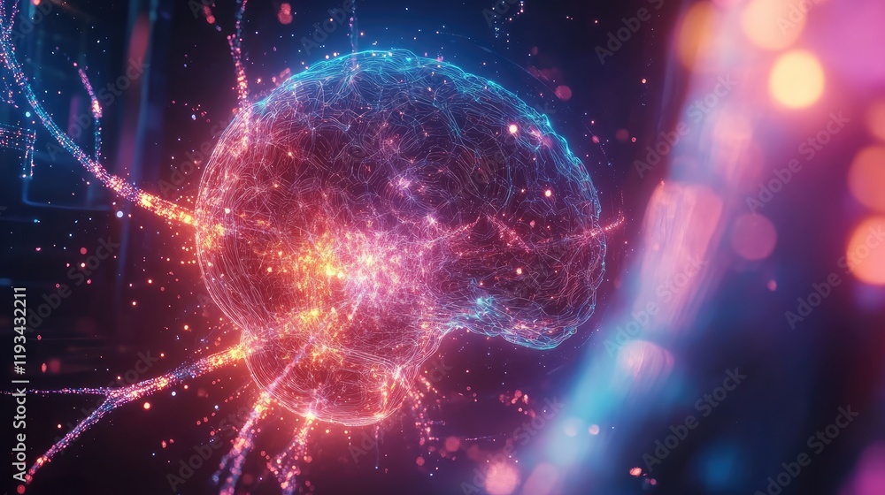 Aufkleber a futuristic ai quantum brain concept, with holographic neuron-like structures illuminated in vibran