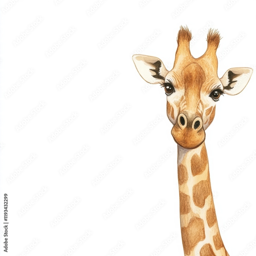 Poster giraffe with expressive eyes looking curiously towards the viewer in a vibrant and playful illustrat