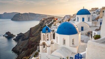 Oia Sunset Blue-Domed Churches, Cliffside Architecture, Aegean Sea, Greece. Oia, Santorini Keywords Santorini, Greece