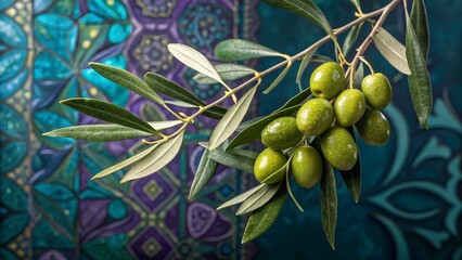 Olive Branch Still Life Green Olives on Teal Background, Close-up Photography, Nature Concept, Olea...