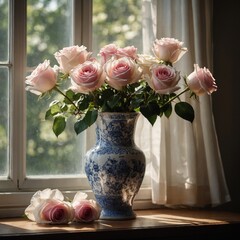"A beautiful arrangement of pink and white roses in a vintage porcelain vase, placed on a windowsill with morning light streaming in."