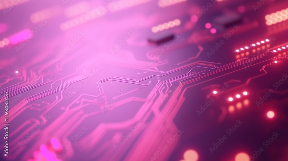 Poster close up of circuit board with glowing elements in futuristic pink hue representing technological in