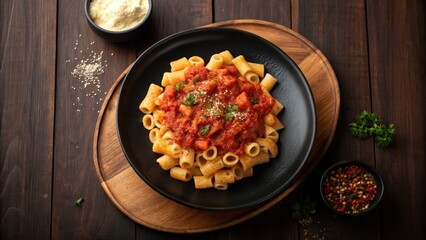 Overhead Shot of Tortiglioni Pasta with Tomato Sauce on Black Plate, Italian Food Photography, Food Styling Pasta, Italian Cuisine