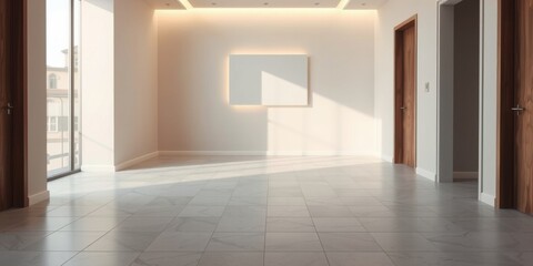 Sunlit Modern Room Interior with Blank Canvas and Marble Flooring