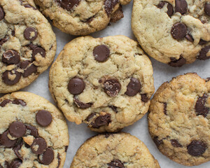 Overhead view of chocolate chip cookies on a cooling rack, top view of homemade chocolate chip cookies on a white background