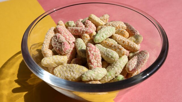 Indian sweet food rewri also known as revdi or rewadi colorful is popular in India during Makar sankranti festival, uttarayan festival