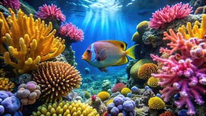 Naklejka na ściany i meble A tropical fish hiding among the colorful coral formations on a turquoise ocean floor, turqouise, sea creatures, underwater scene, aquatiac animals, marine life